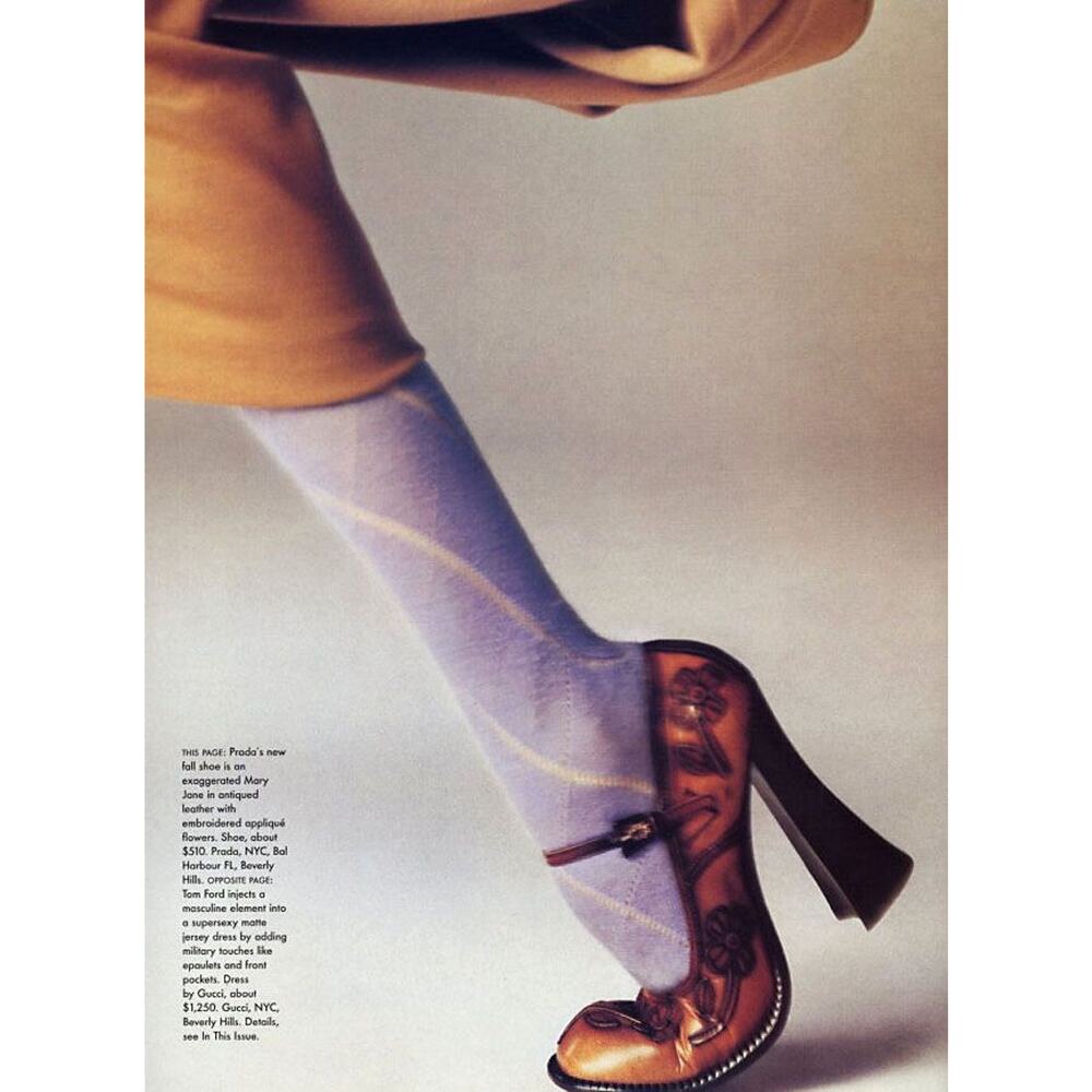 Prada Fall 1996 Runway Floral Appliqué Antiqued Leather Mary Jane Heels IT 37.5 - Picture 3 of 16